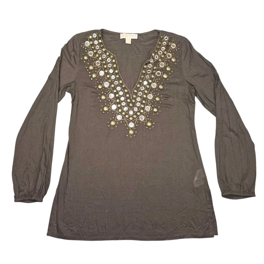 Michael Kors Womens Size Small Brown Mirror Embellished V-Neck Tunic Blouse Cott